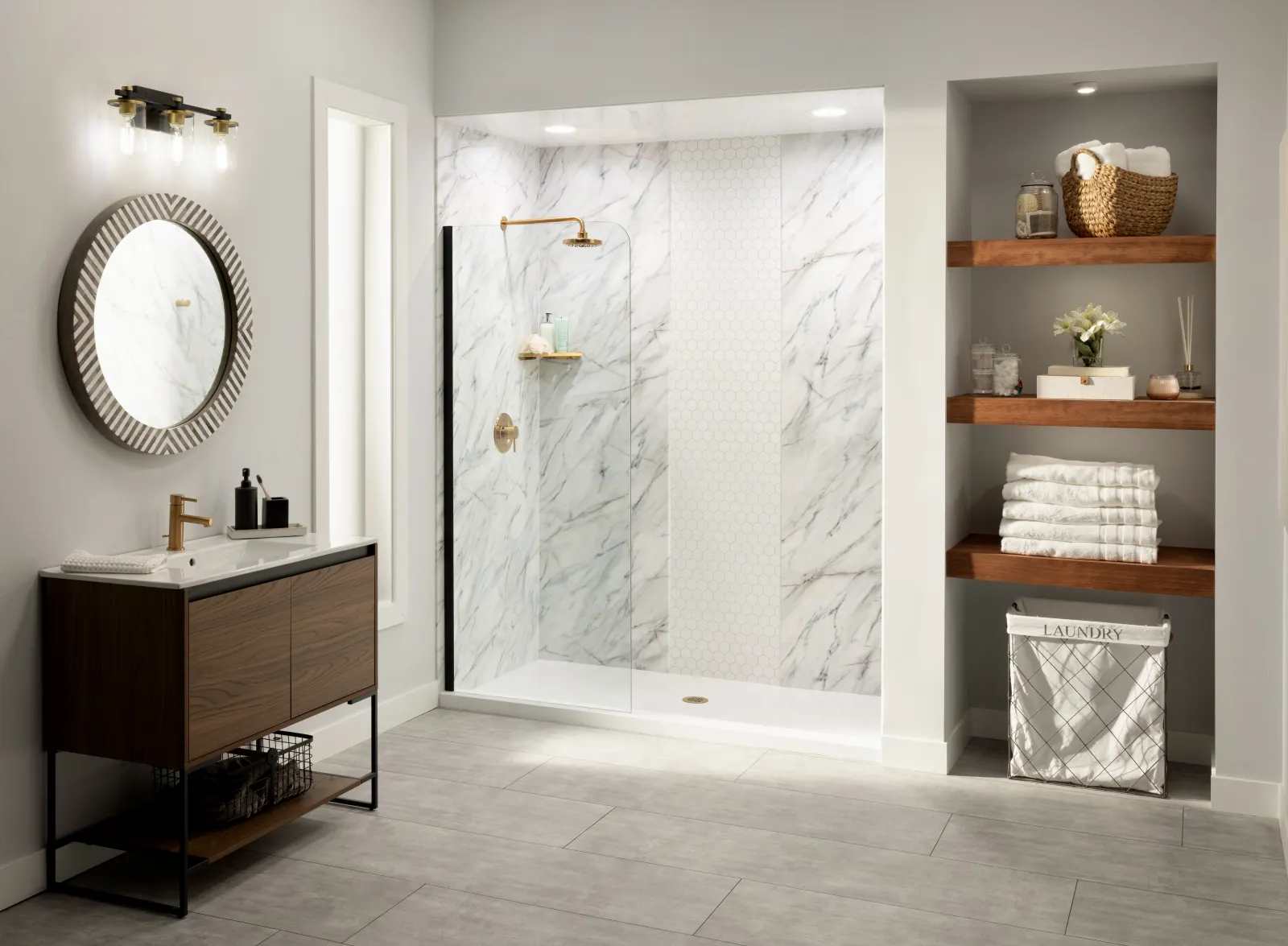 White marble look walk in shower with built in shelves